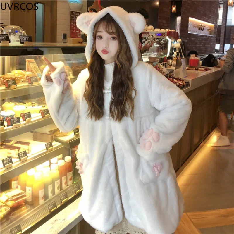 

Женская теплая куртка с капюшоном и кошачьими ушками, белая утепленная куртка с плюшевой подкладкой, с капюшоном