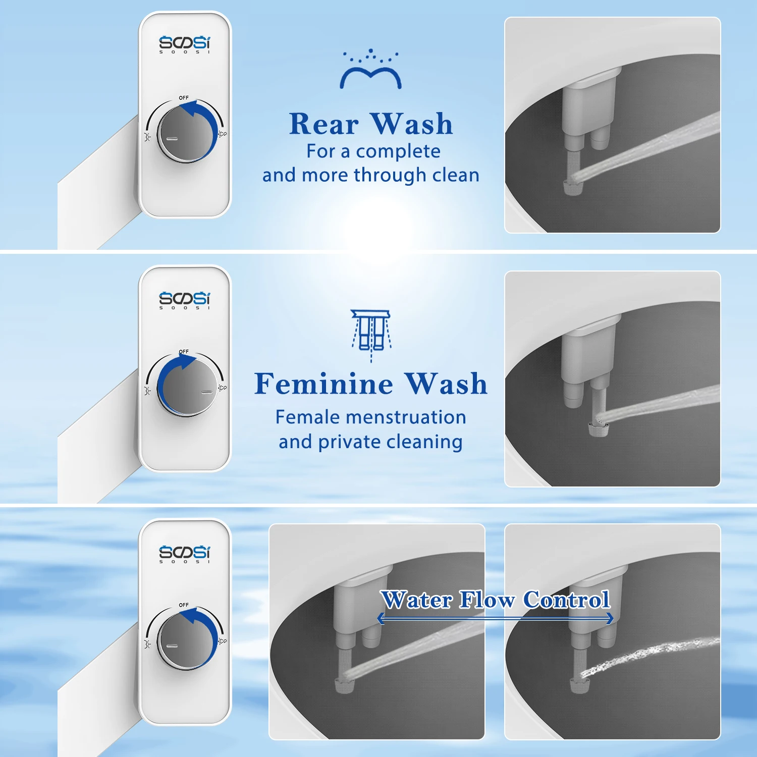 Toilet Seat Bidet Attachment SOOSI Non-Electric Double Nozzle Spiral Adjustable Water Pressure Ass Sprayer