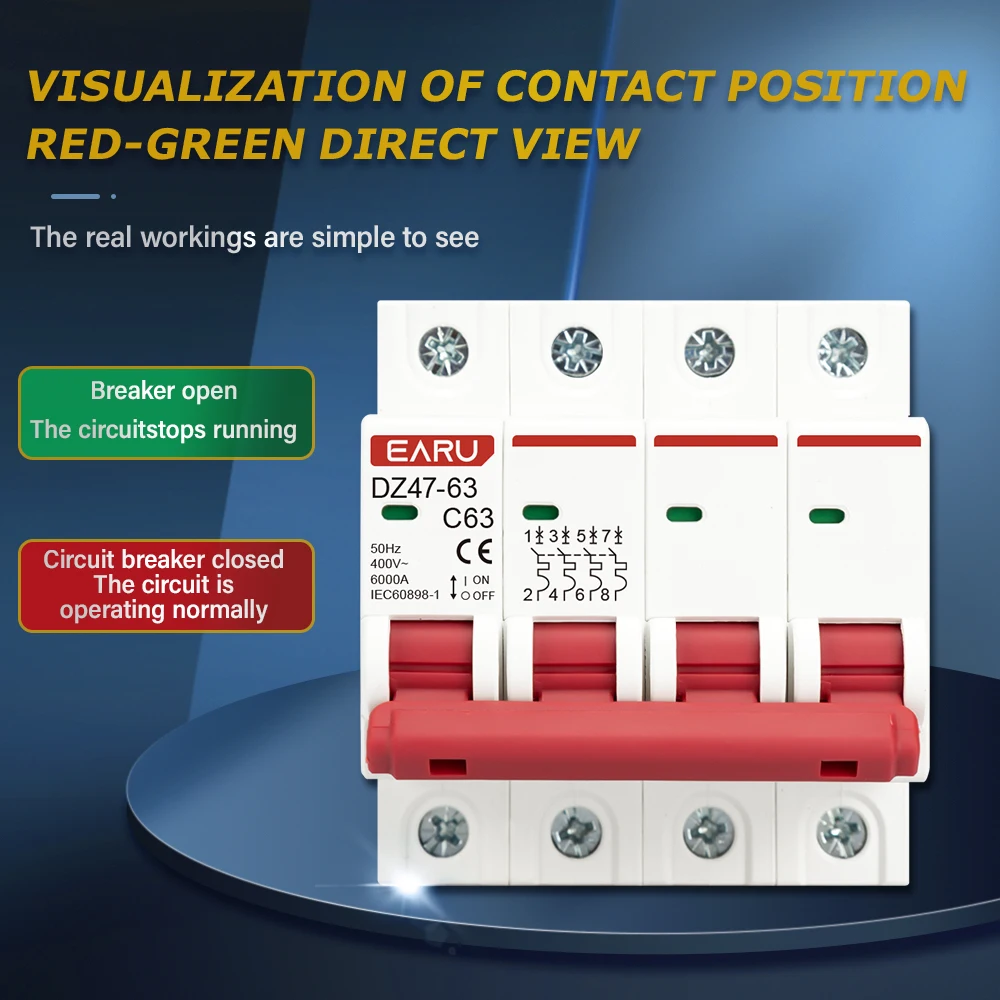 DZ47 1-4 Pole 3A/6A/10A/16A/20A/32A/40A/50A/63A 400V C Type Mini Circuit Breaker MCB 35mm Din Rail Mount Breaking Capacity 6KA