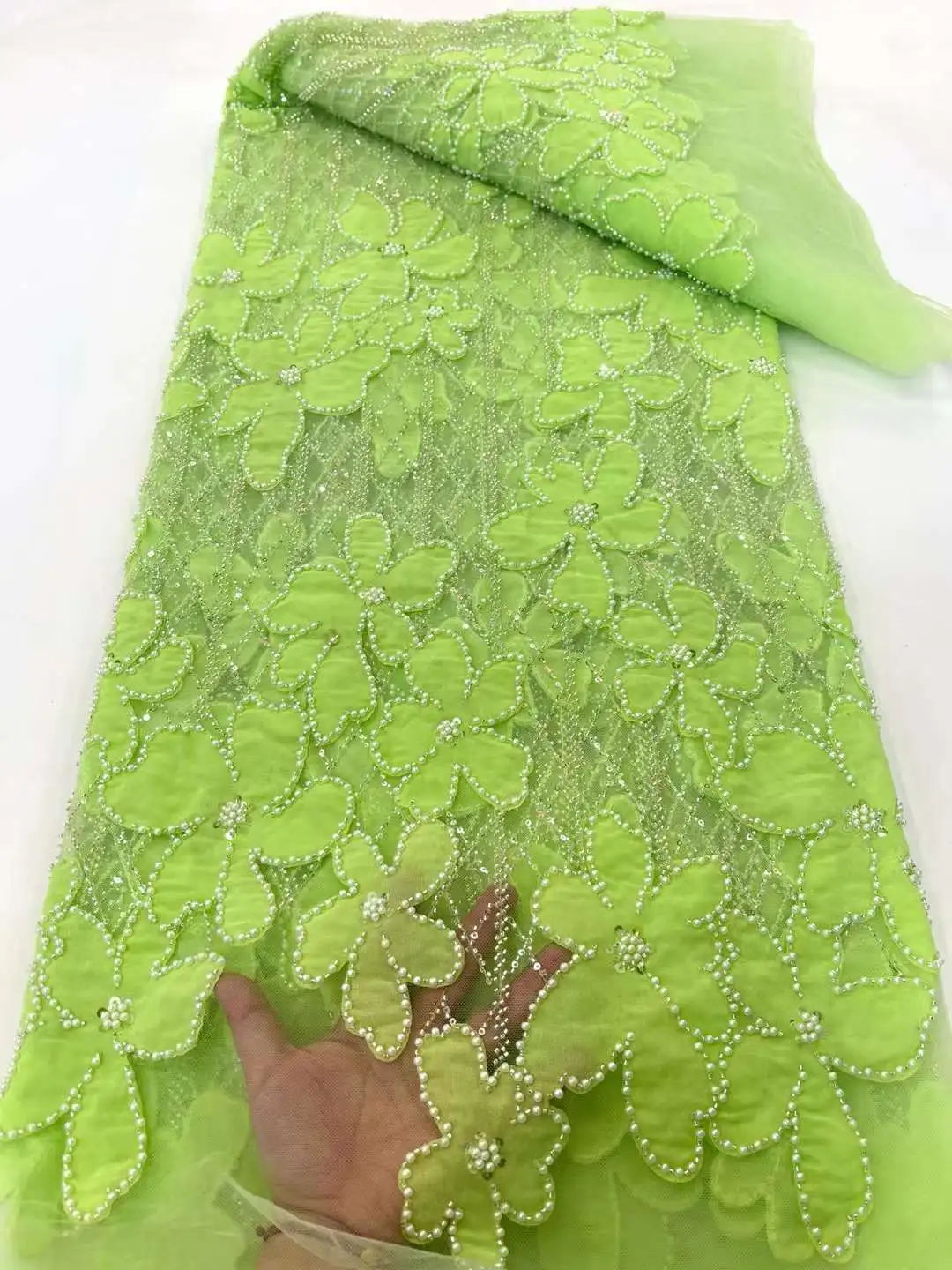 

New Design Laset Embroidery, 3D Lace ,Pearls French Tulle Net ,Sequined Beads African Fabric,Dresses ,Party ,Weddings