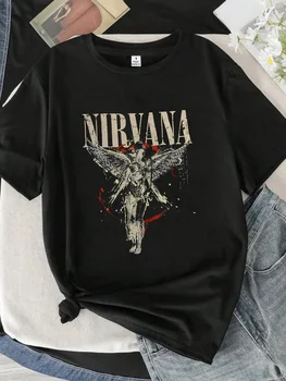 Letters and Angels Round Neck Women's T-shirt Short Sleeves Fashion Printed Half-sleeve Top Versatile & Simple Style 1
