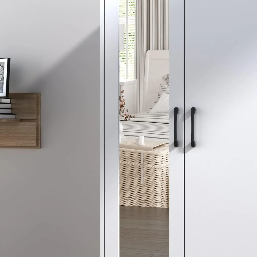 Wooden closet armoire with mirror, 2 doors, 2 drawers, 4 open storage cubes,and hanging rod for bedroom.35.5"L x 15.8"W x 70.8"H 6