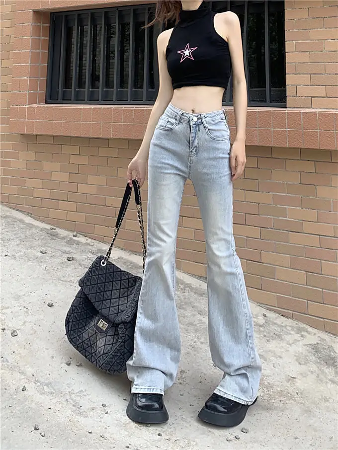 Summer Women Flared Ripped Jeans Mid Waist Denim Pant Vintage Stretch Streetwear Pant Skinny Mom Jeans Trousers Long Pants