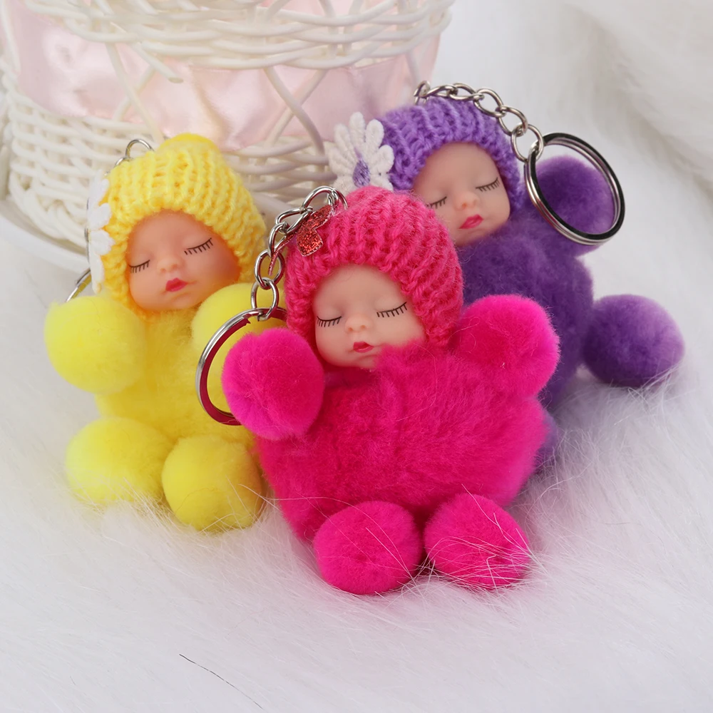 Cute Sleeping Baby Bowtie Fluffy Pompom Fur Plush Doll Keychain 1 Pcs