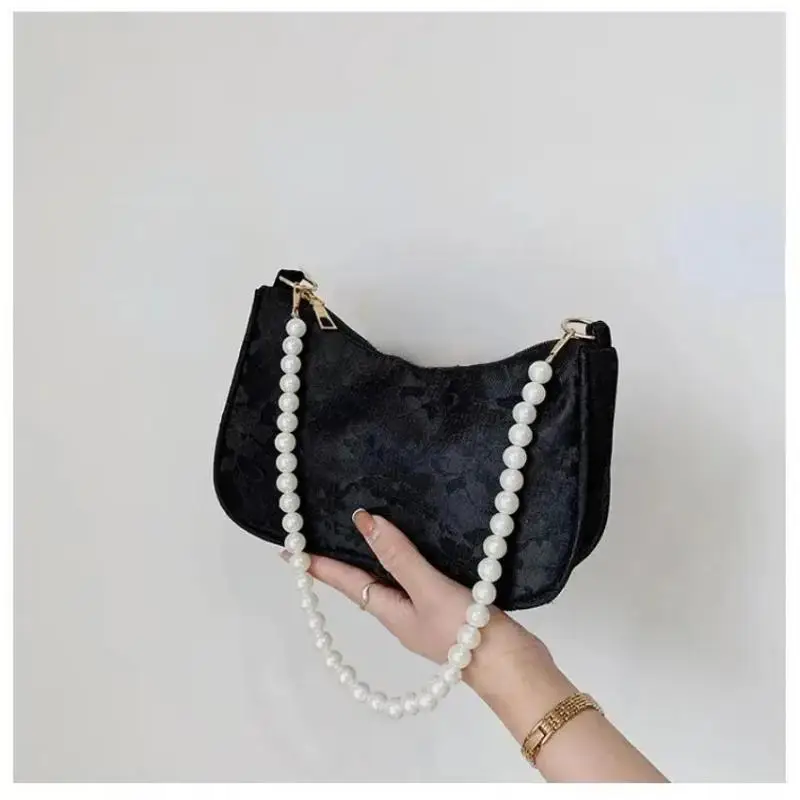 1Pcs Female Storage Travel Bag Shoulder Bags Vintage Women Bag Lace Flower Solid Color Pearl Chain Shoulder Underarm Handbag