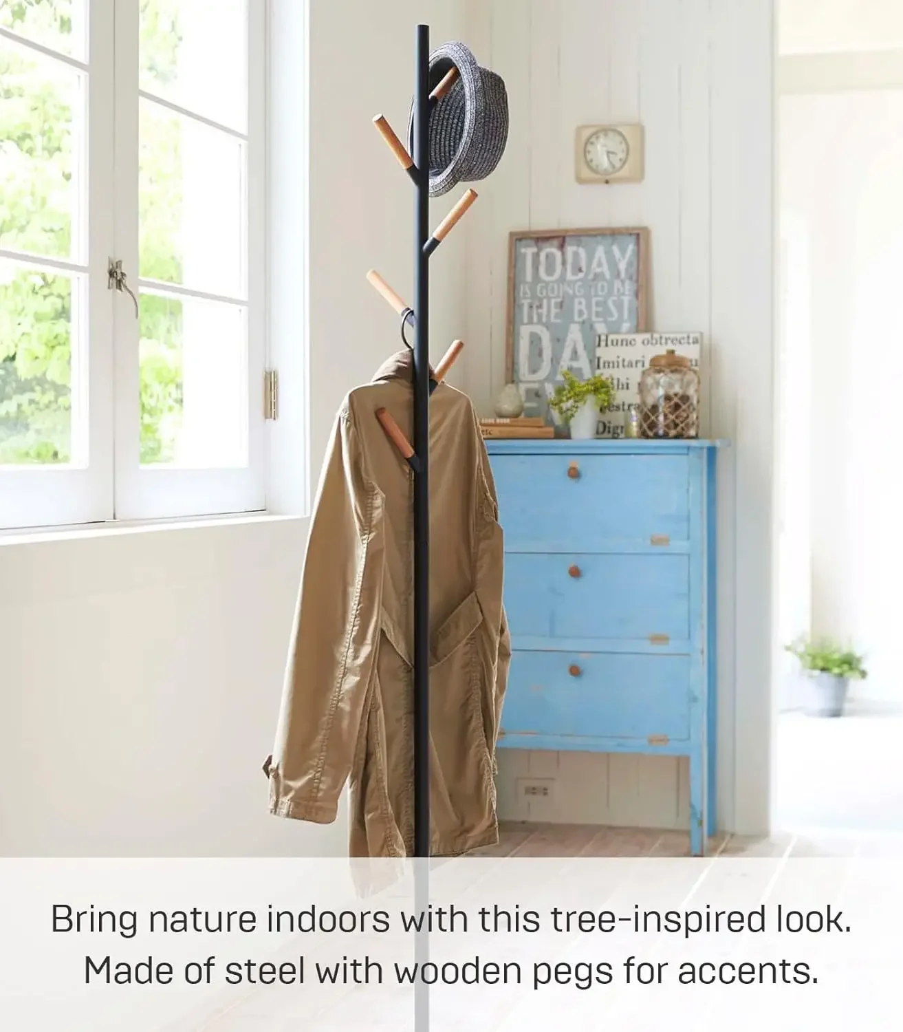 Home Plain Freestanding Coat Hanger Rack With Wooden Hooks, Space Saving, 70" - Steel