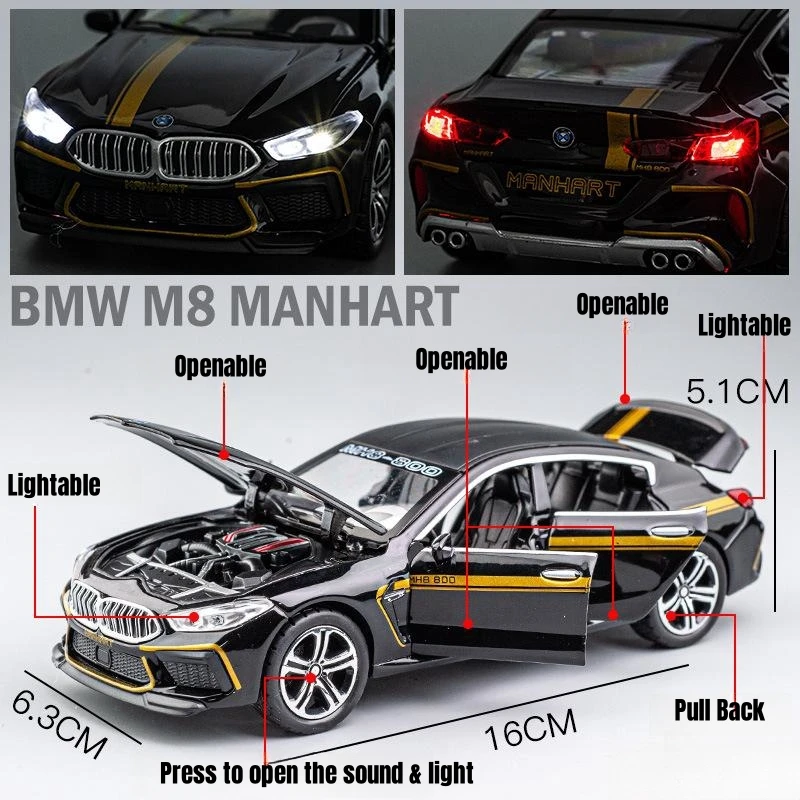 1/32 BMW MH8 800 Manhart 다이 캐스트 자동차 장난감 어린이를위한 미니어처 모델 뒤로 소리 및 빛 컬렉션 소년을위한 선물 아이 선물