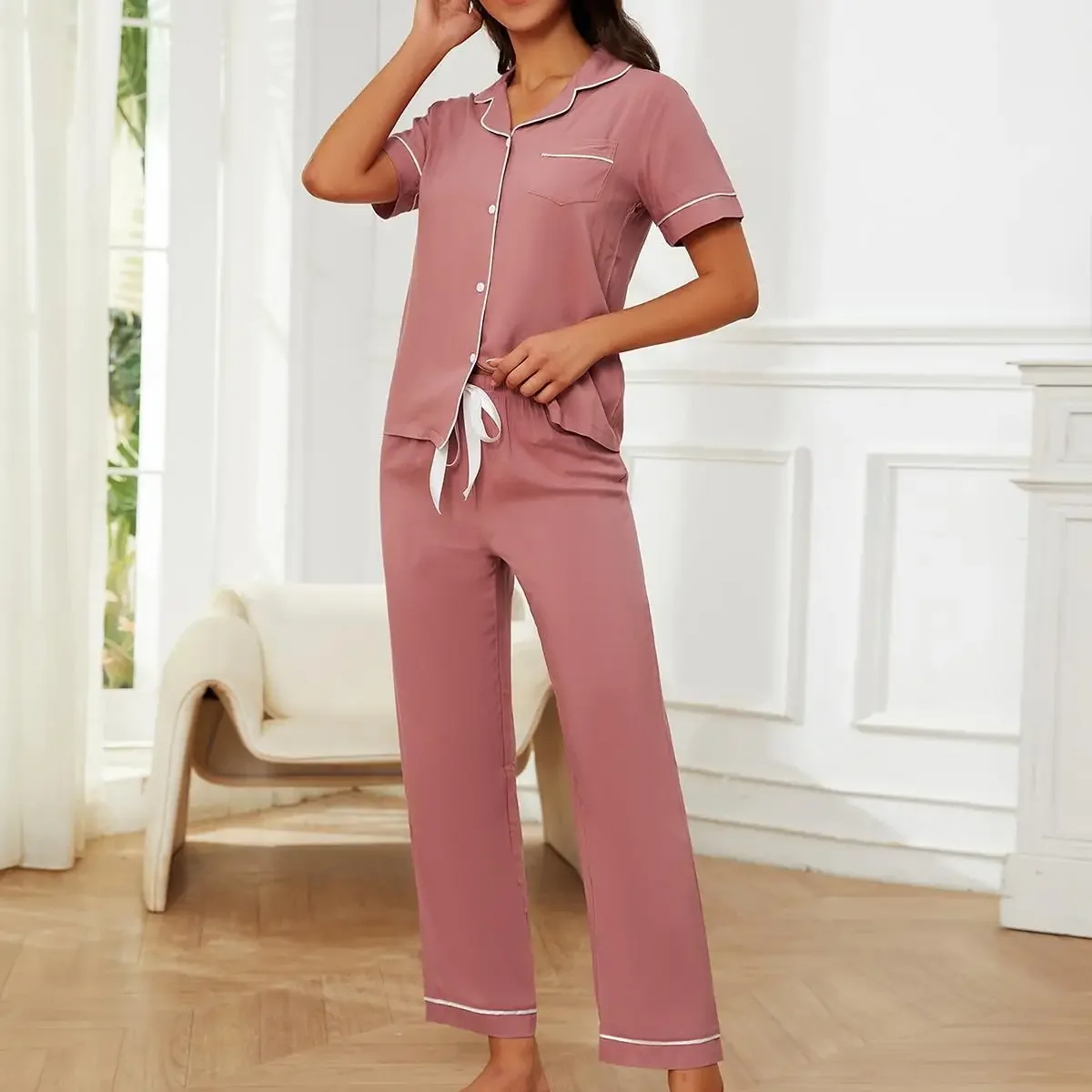 SNOW TOUCH Women's Button-Up Pajama Set - Short Sleeve, Notch Collar, Soft EcoVero Fabric