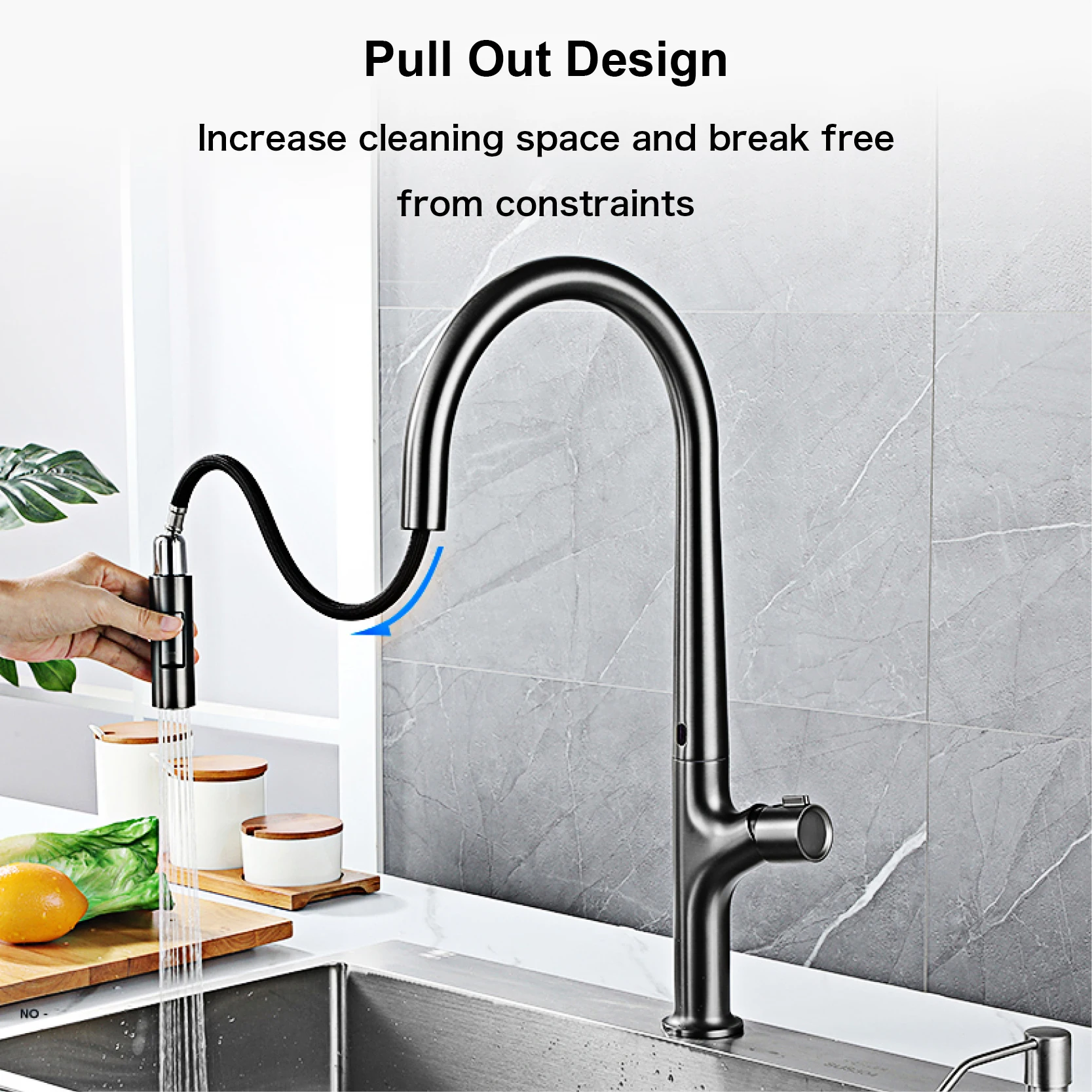 Modern style gun gray pull-out kitchen faucet with 1 handle for hot&cold water intelligent sensing and 2 functions for sink Tap 3