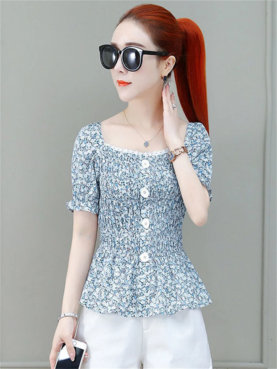 

Woman Summer Style Chiffon blouses Shirts Lady Casual Short Lantern Sleeve Square Collar Flower Printed Blusas Tops DF4564