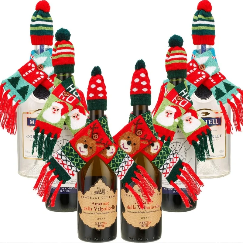 Copri Bottiglia Di Vino Natalizio A Forma Di Babbo Natale - Cappello E Sciarpa In Velluto E Maglia, Decorazione Festiva - 5