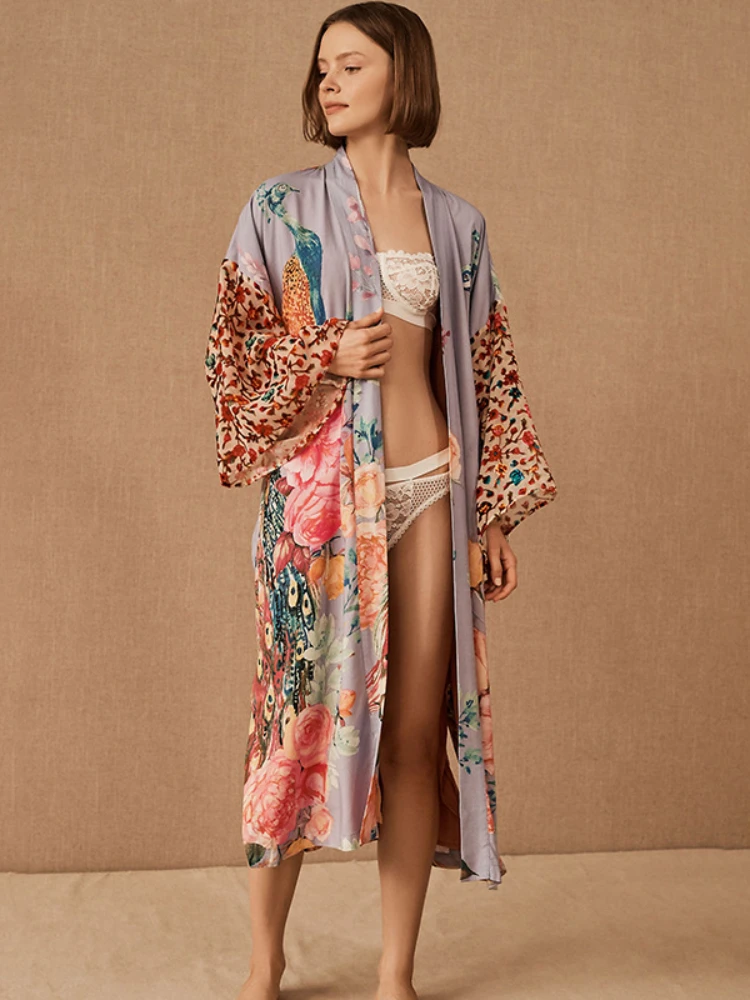 Beach Kimono for Women Peocock Printed Swimsuit Cover Up Self Belted Wrap Dresses Seaside Bathing Suits Beachwear swimsuit cover up swimsuit coverup fishnet cover up