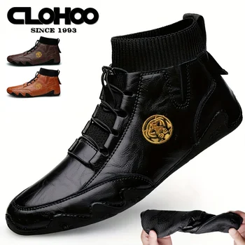 Stivali resistenti all'usura da uomo CLOHOO scarpe Casual classiche fatte a mano in vera pelle stivaletti da passeggio con lacci alla caviglia con punta tonda 1