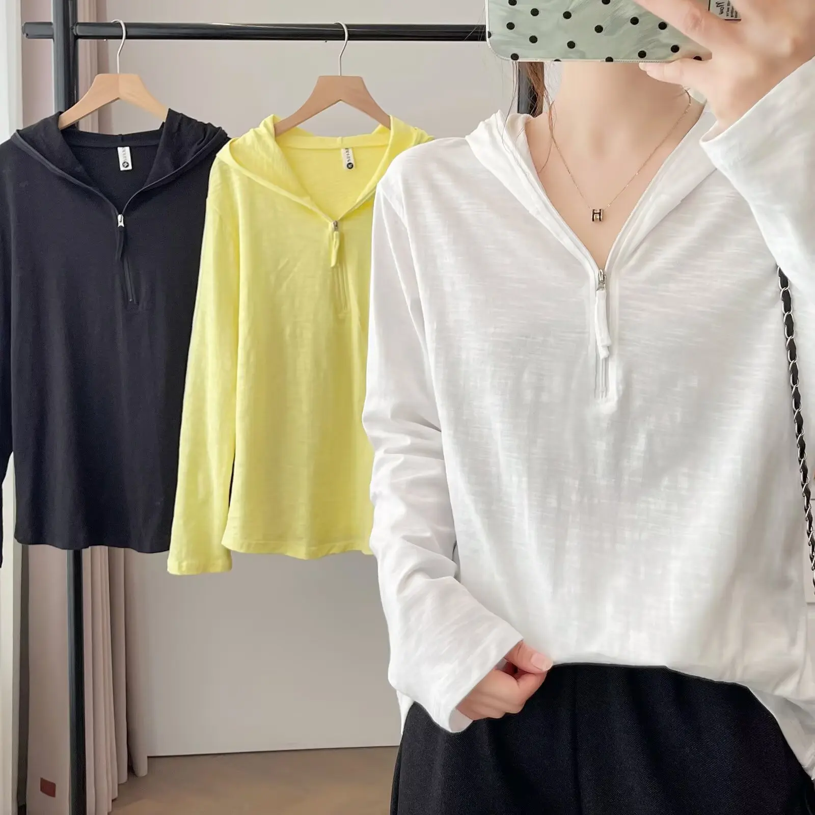 Fashion Plus Size Women's T-Shirt Autumn New Style Casual Half Open Collar Hooded Solid Color Tops 2557