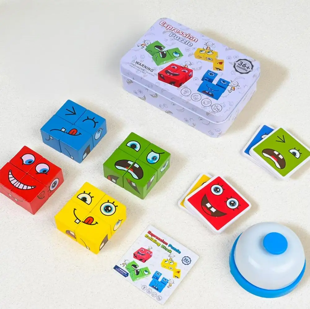 1 Set Face Changing Building Blocks Wooden Puzzle Toys Smiling Face Desktop Game Board Games Parent Child Interacti