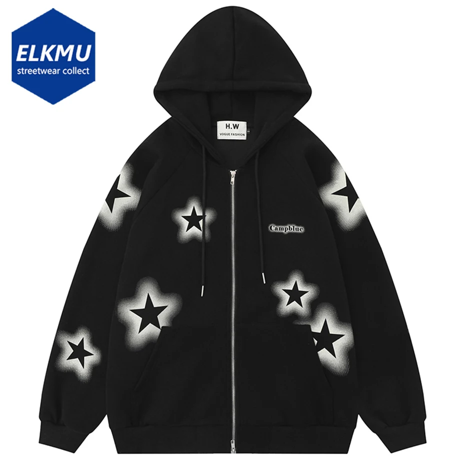 

Black Star Printed Loose Hoodie Streetwear Harajuku Oversized Hip Hop Sweatshirt Men Beige Zipper Hooded Hoodies 2023