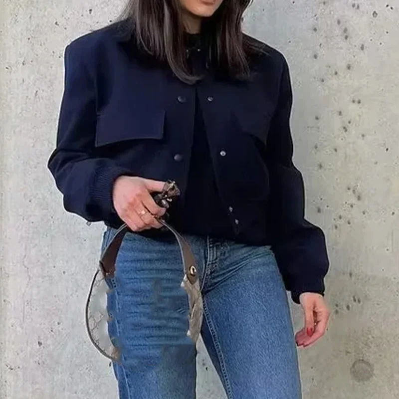 Women's Bomber Jackets Coat Crop Outwear Armygreen Long Sleeve Coat With Pocket Solid azatrafins Woman Jacket Navy Blue Jackets