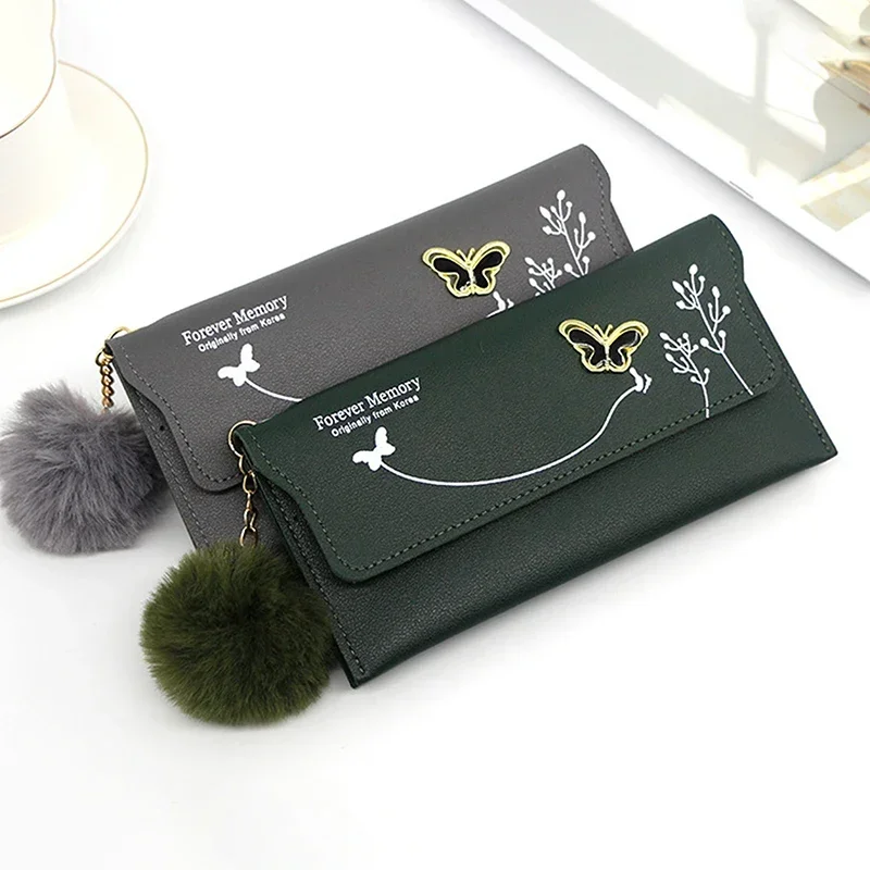Butterfly Designer Women Long Wallets PU Money Bag Solid Wool Ball Bow Clutch Bag Large Capacity Card Coin Purse