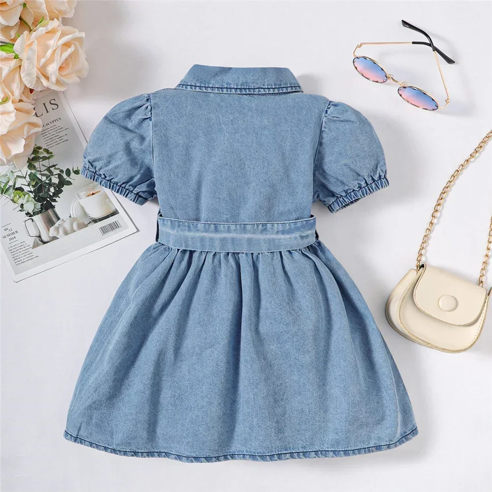 Toddler girl dress Summer Toddler Baby Girl Fashion dress Bubble sleeve Lapel Jeans Casual dresses Birthday party costumes for Kid girls 1-3 Years