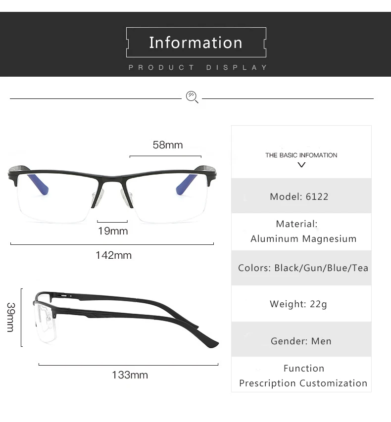 HDCRAFTER Men's Semi Rim Rectangle TR90 Alloy Eyeglasses KL6122