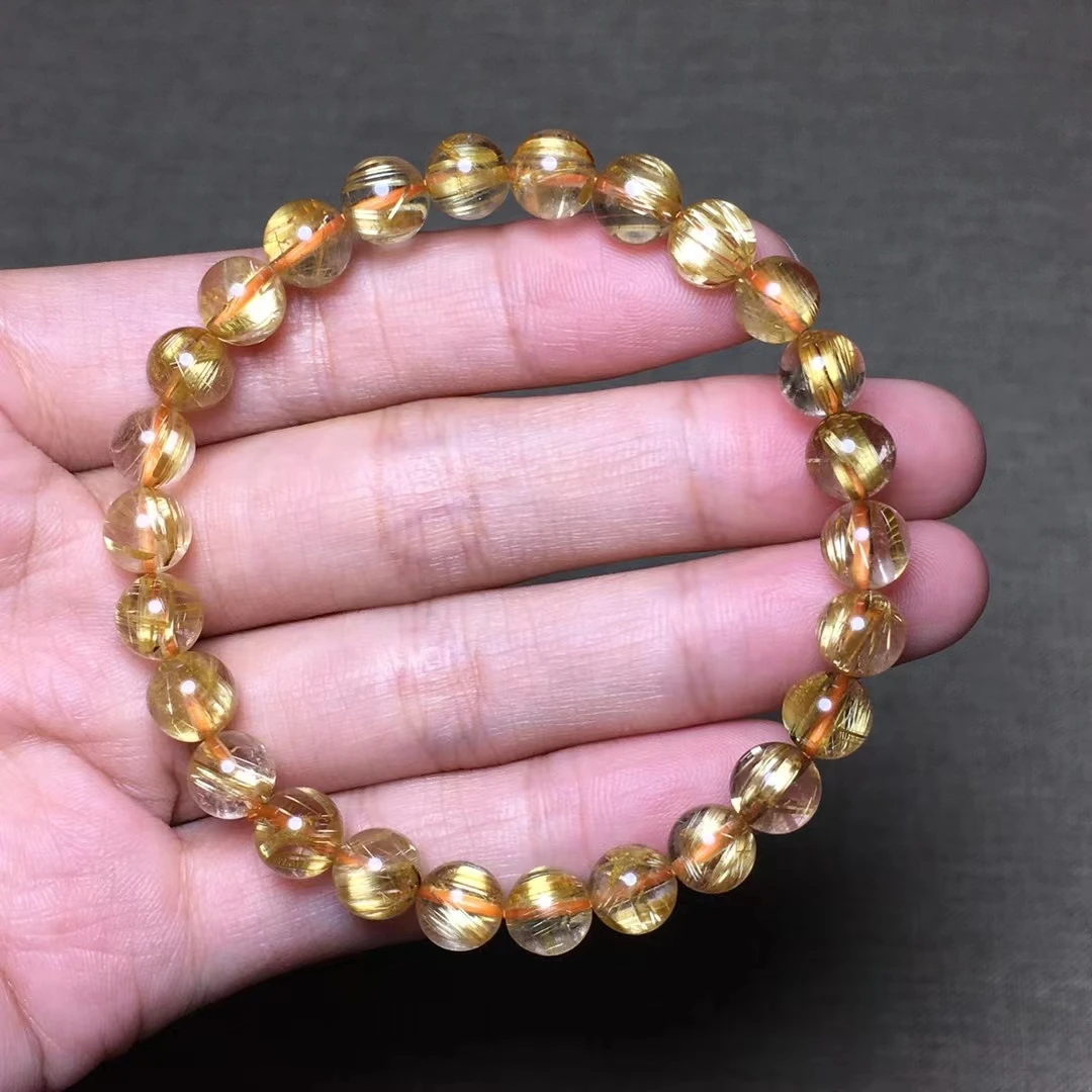 

Natural Gold Rutilated Quartz Titanium Round Beads Bracelet Women Men 7mm Yellow Rutilated Cat Eye Wealthy Stone AAAAAA