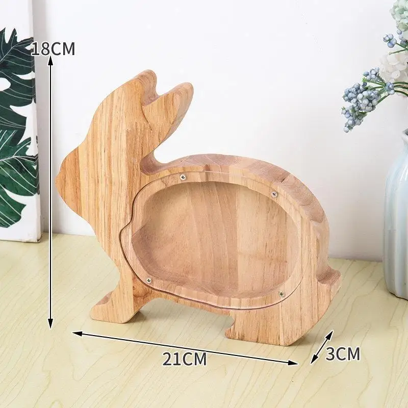 Wooden Animal Piggy Bank Transparent Cat Elephant Dinosaur Wood Carving Piggy Bank Children Piggy Bank Storage Jar Desktop Decor