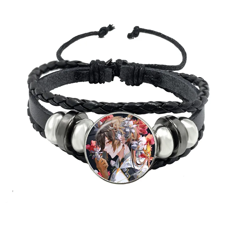 thumbnail image 1 of Genshin Impact Cosplay Prop Snap Button Bracelet, joyería de Anime hecha a mano, brazalete Punk negro multicapa, regalo para mujeres y hombres, 1 of 5