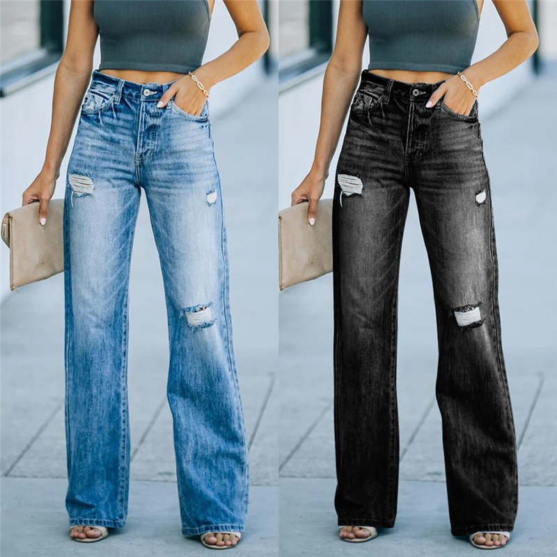 

2023 Spring Summer Fashionable New Style Washed Holes High Waist Thin Wide Leg Denim Trousers Women Trend H231