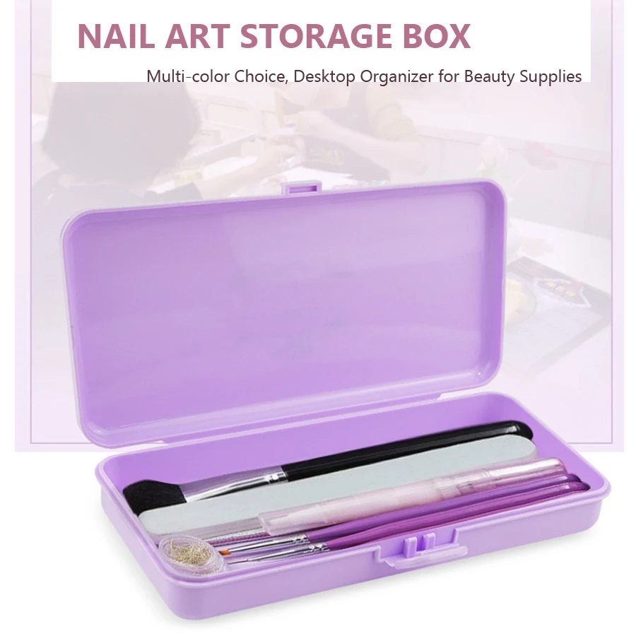 Nail Storage Box Rectangle Nail Storage Box Container Case for Long Nail Tools Tweezers Cuticle Pusher Brushes Pens Plastic Empty Holder