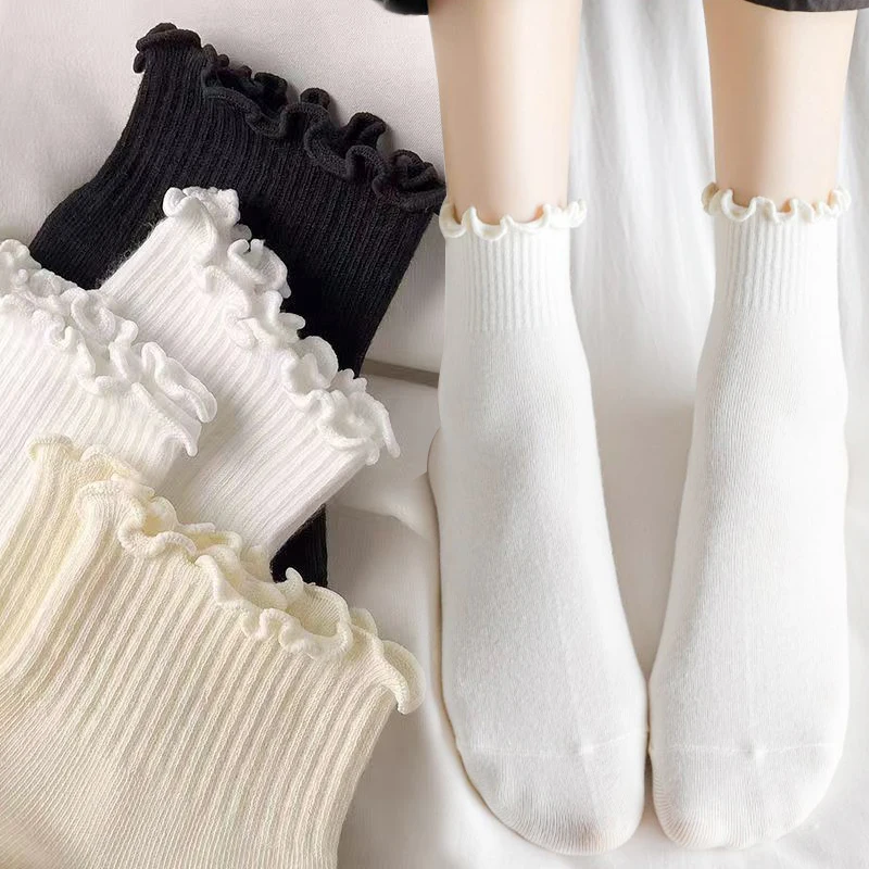 

4pcs Summer Cotton Ruffles Ankle Socks Women INS Cute Kawaii Luxury Korean Sock Girl Spring Black White Middle Tube Japanese Sox