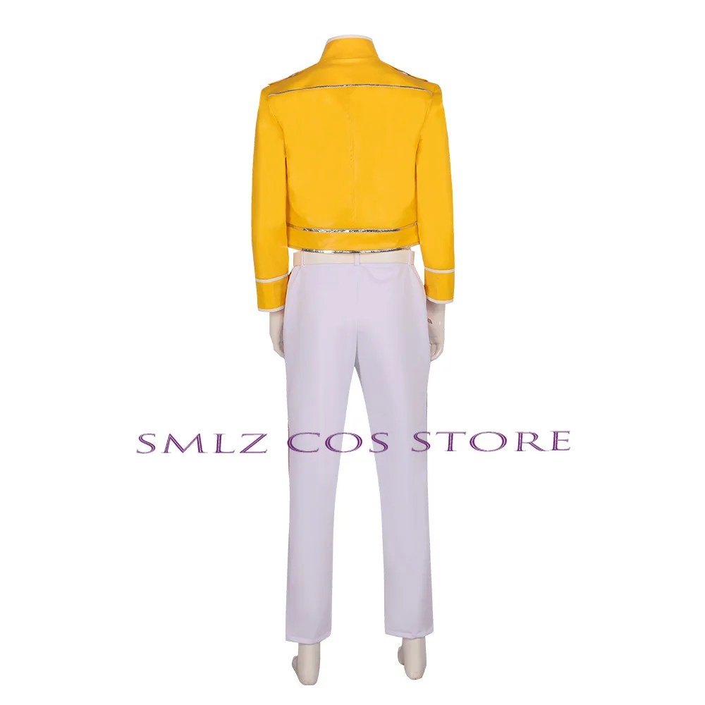 Cos Freddie Mercury Cosplay Aniem Queen Lead Vocals Costume Yellow Coat Uniform Suit Halloween Party Performance Outfit for Men