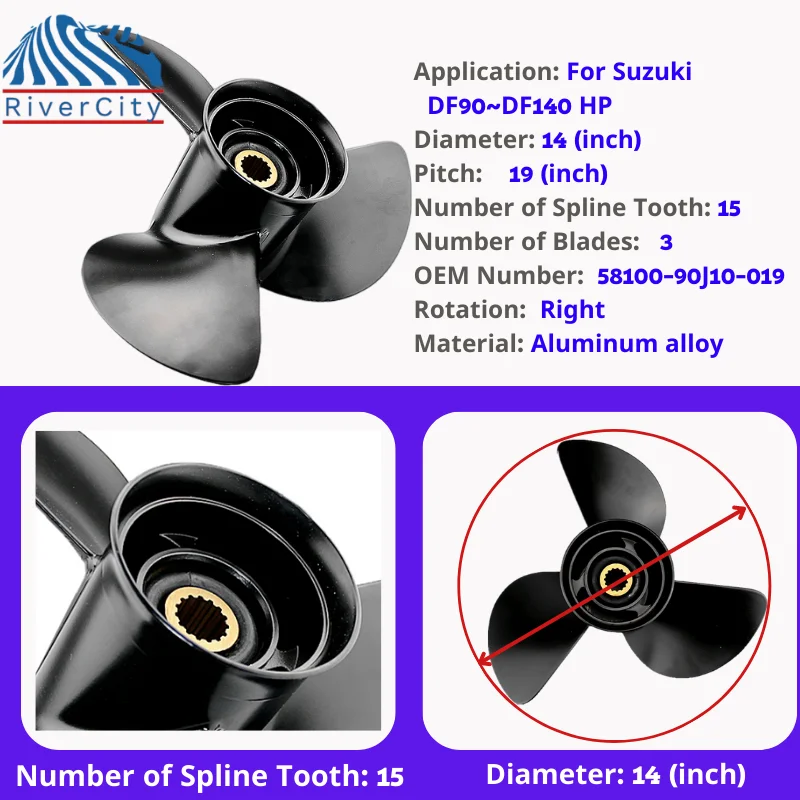 RiverCity Outboard Propeller For SUZUKI 90hp 100hp 115hp 140hp Aluminum prop 3 Blade 15 Tooth Boat Part 14x19