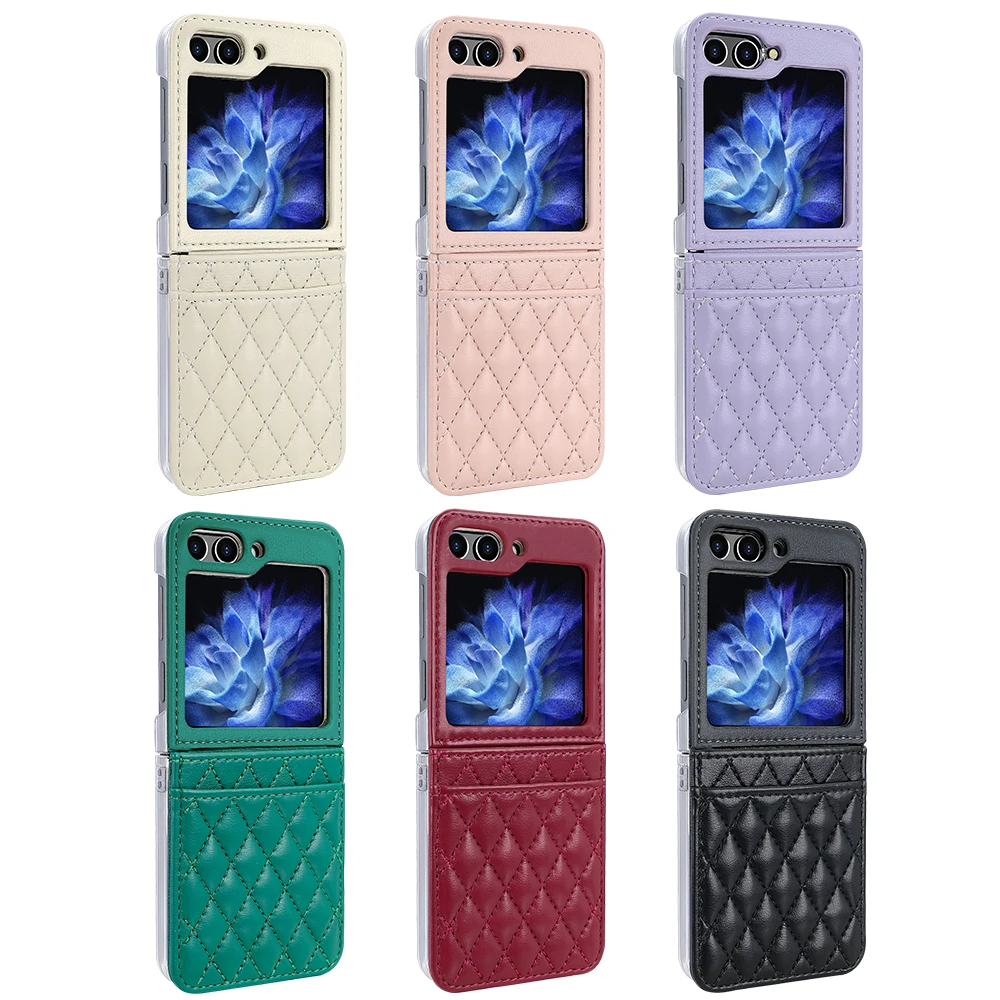 Luxury Vertical Cards Solt Leather Wallet Case for Samsung Galaxy Z Flip 6 5 4 3 5G Flip6 Flip5 Hand Strap Diamond Hinge Cover_voghion.com