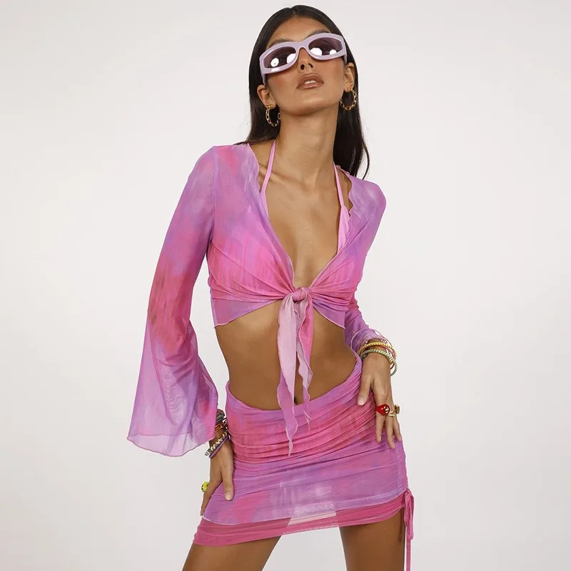 Women's Sexy Long Sleeve 2 Pieces Outfits Tie Dye Sheer Mesh Cover Up Dress Crop Up Top Bodycon Ruched Y2K Mini Dress Skirt Sets