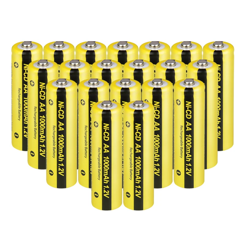 

20 PCS PKCELL 1.2V AA Ni-Cd Battery 1.2Volt 1000mAh 2A NiCd Rechargeable Industrial Batteries Button top
