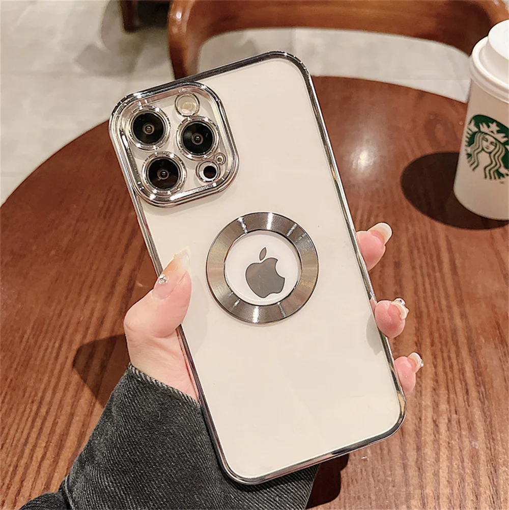 iphone 12 pro max clear case Luxury Transparent Charm Logo Hole Plating Frame Case For iPhone 13 12 11 Pro XS Max XR X 8 7 Plus SE3 Camera Protection Cover iphone 12 pro max clear case