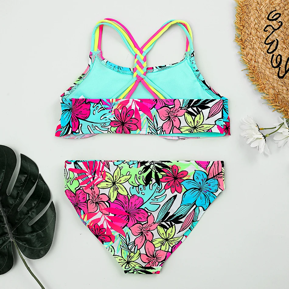 Floral Girl Swimsuit Kids Flounce Two Piece Children's Swimwear 5-18 Years Teenage Girl Bikini Set Girls Bathing Suit Beachwear girls swimsuit