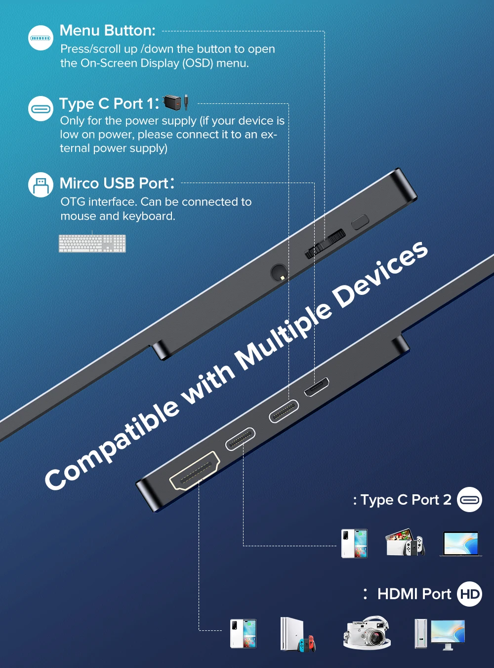 UPERFECT 휴대용 모니터 터치스크린 15.6인치 1080P IPS HDR 디스플레이 내장 5400mAh 배터리 HDMI USB Type-C가 포함된 눈 보호