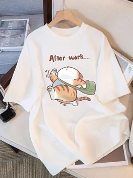 Summer T-Shirts Womens The Cat That Runs After Work Prints Tops Soft O-Neck Short Sleeve Tees Basic Clothes Women Clothes 1