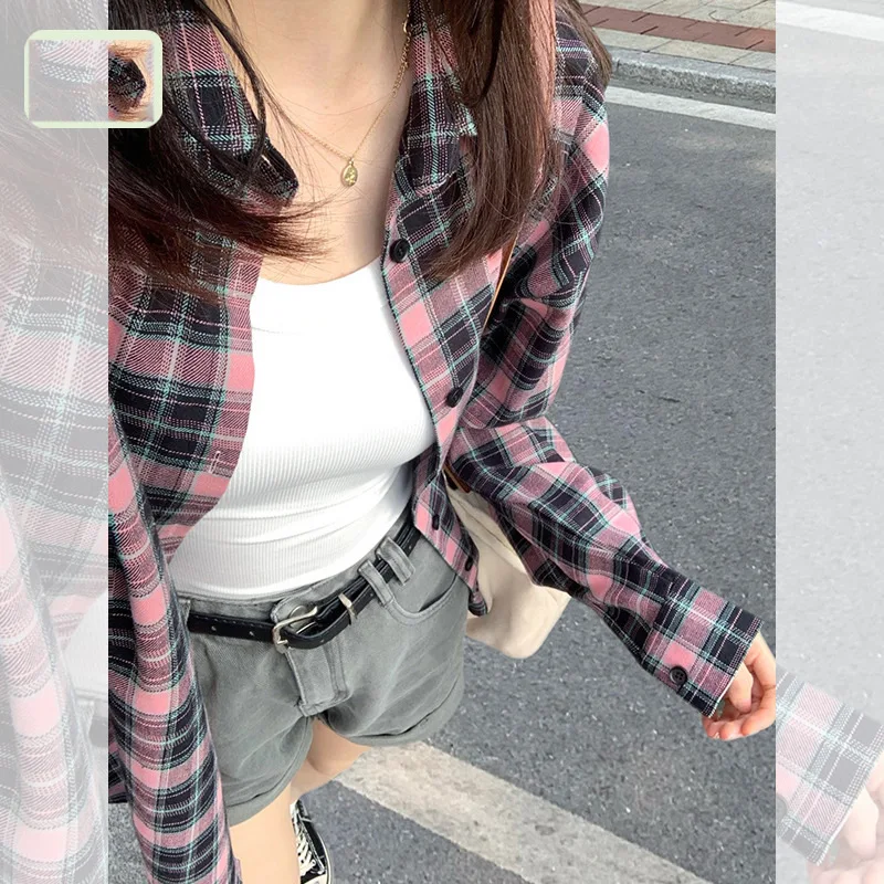 

Женская винтажная рубашка в шотландскую клетку, свободная розовая рубашка в стиле вечерние Club Girl, весна-осень 2023