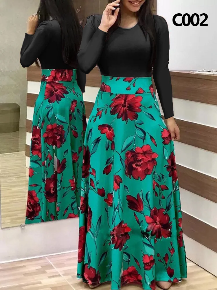 

Bohemian Elegant Women's Printed Colored Long Sleeve Dress Spring/Summer Women's Fashion Round Neck Slim Fit Long Dress Vestidos