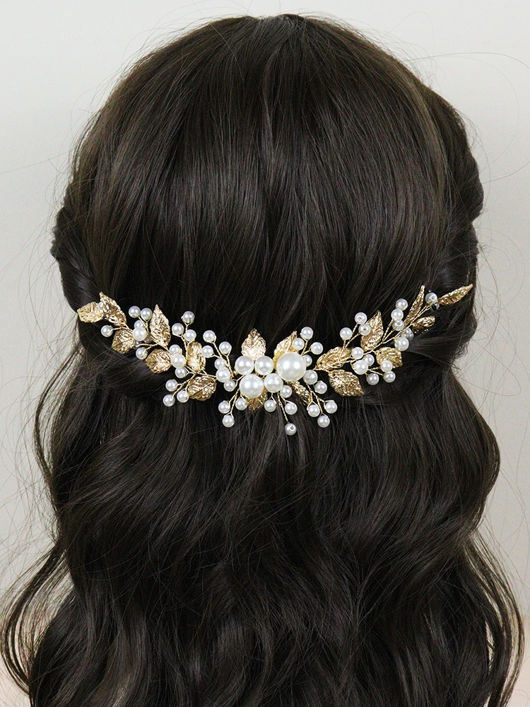 Hair Accessories Bridal Hair Accessories Bridal Jewelry Set-Handmade Golden Leaf Pearls Headband for Bride Party Wedding