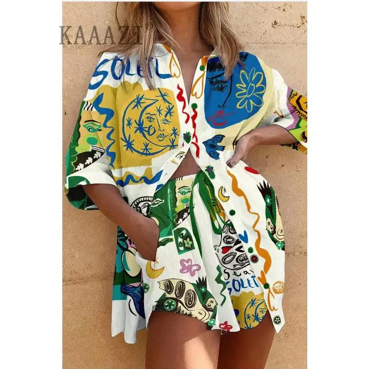 

Блузка с коротким рукавом и графическим принтом для женщин, повседневный свободный комплект из 2 предметов, Пляжная модная одежда, костюм для отдыха