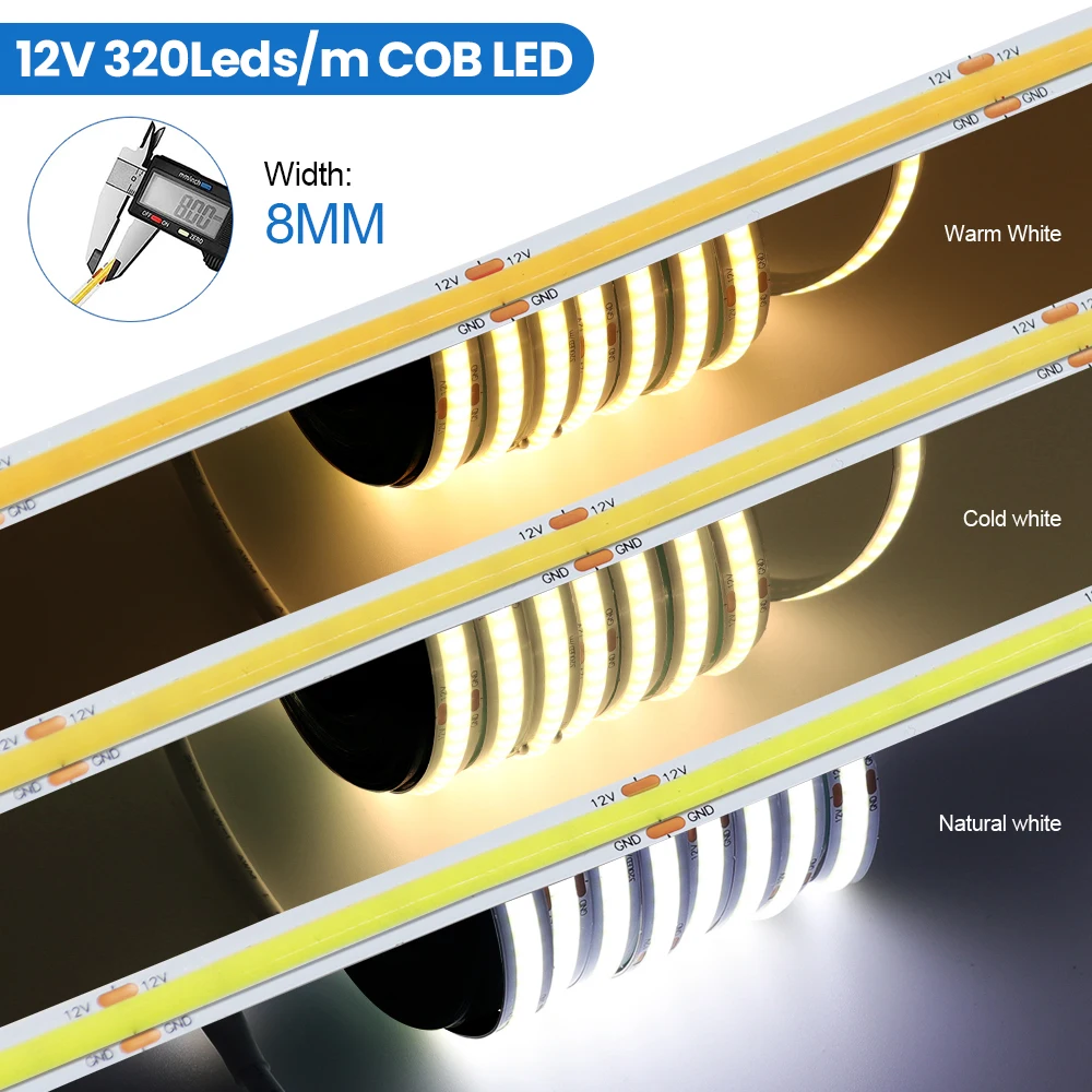 DC 12V 24V COB Strip 320Leds/M High Density RA90 White Pink Yellow Ice Blue Red Green Flexible Ribbon Rope LED Light 6