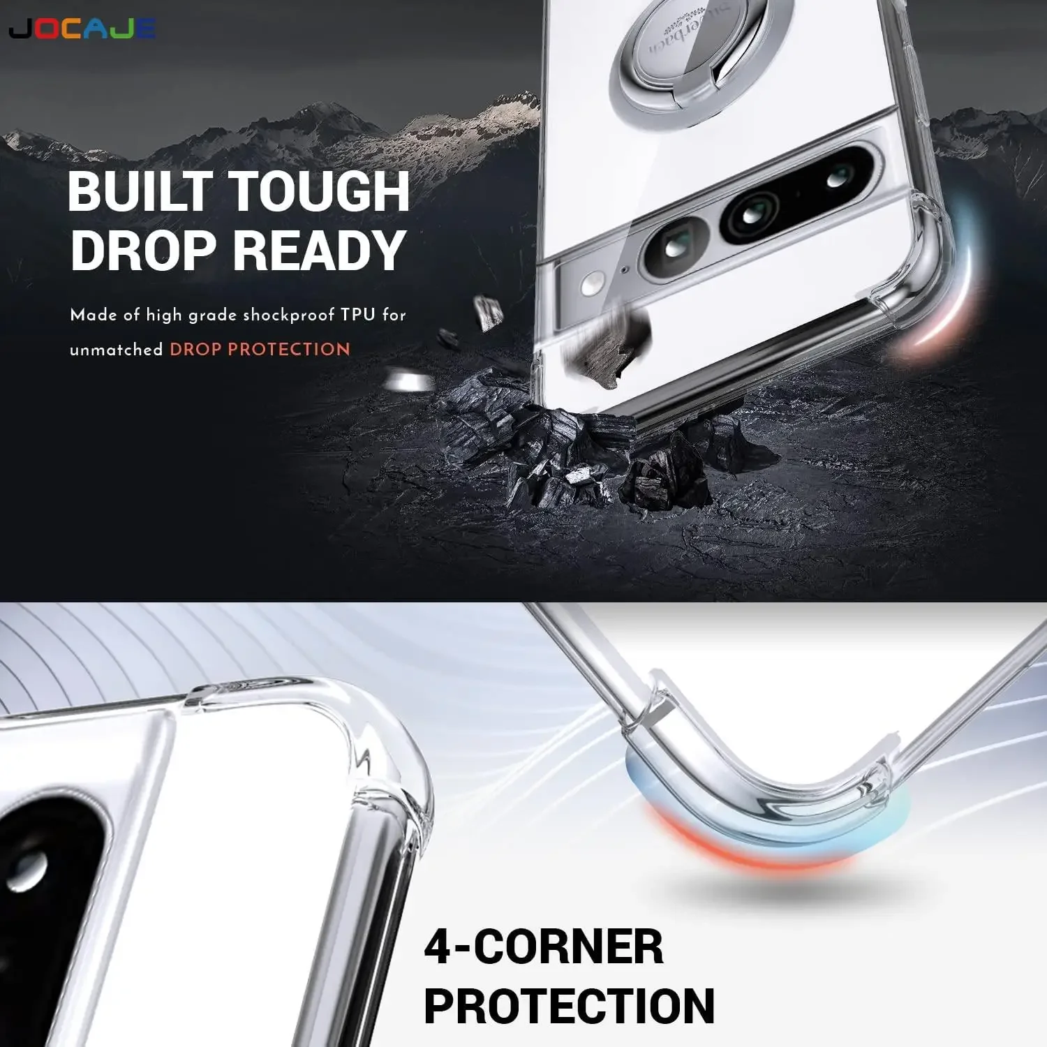 Clear Ring Holder Shockproof Stand Phone Case with Soft TPU and Four-Corner Drop Protection