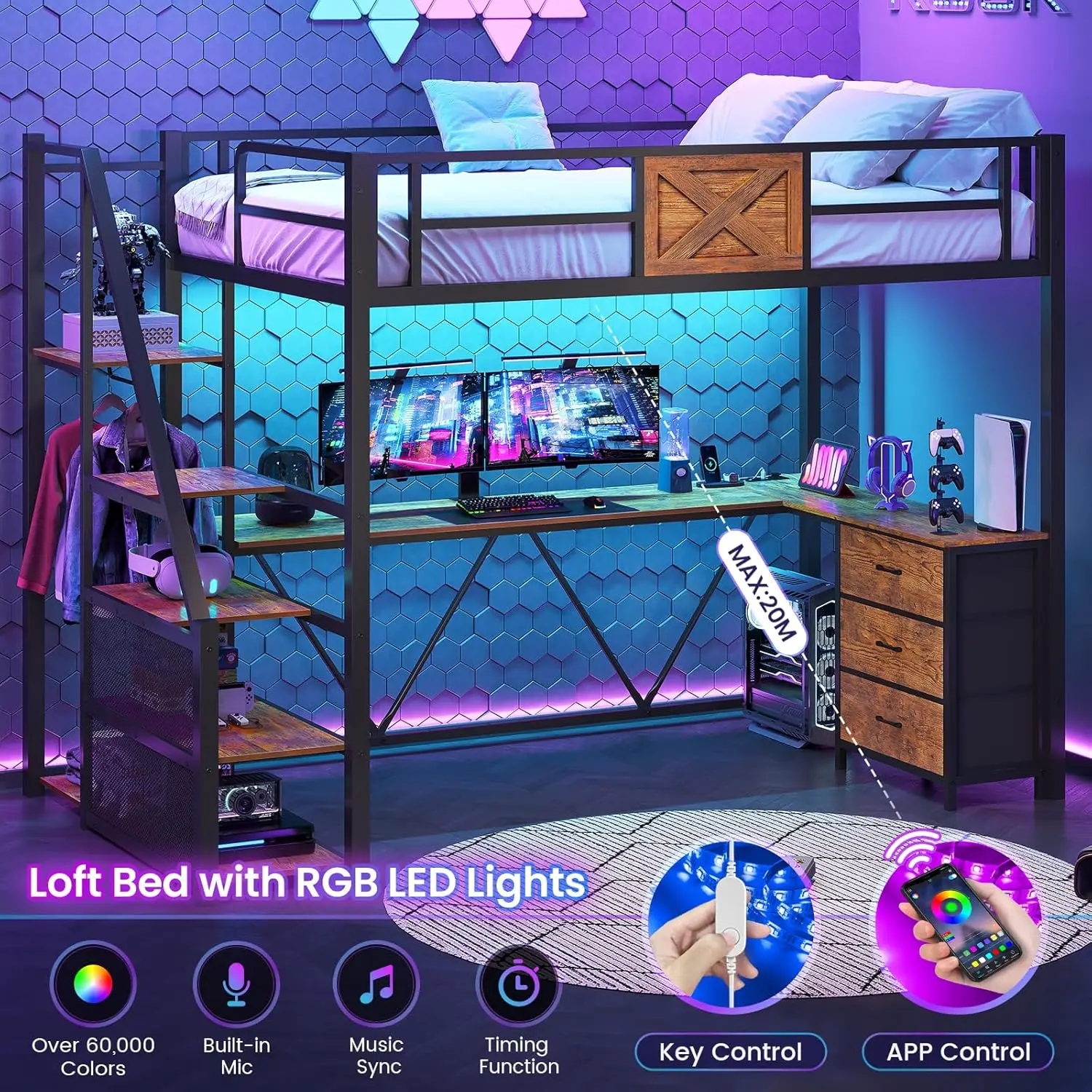 Stairway Twin Size Loft Bed with L Shaped Desk and Wardrobe Metal Loft Bed Frame with Storage Stairs 3 Fabric Drawers LED Lights