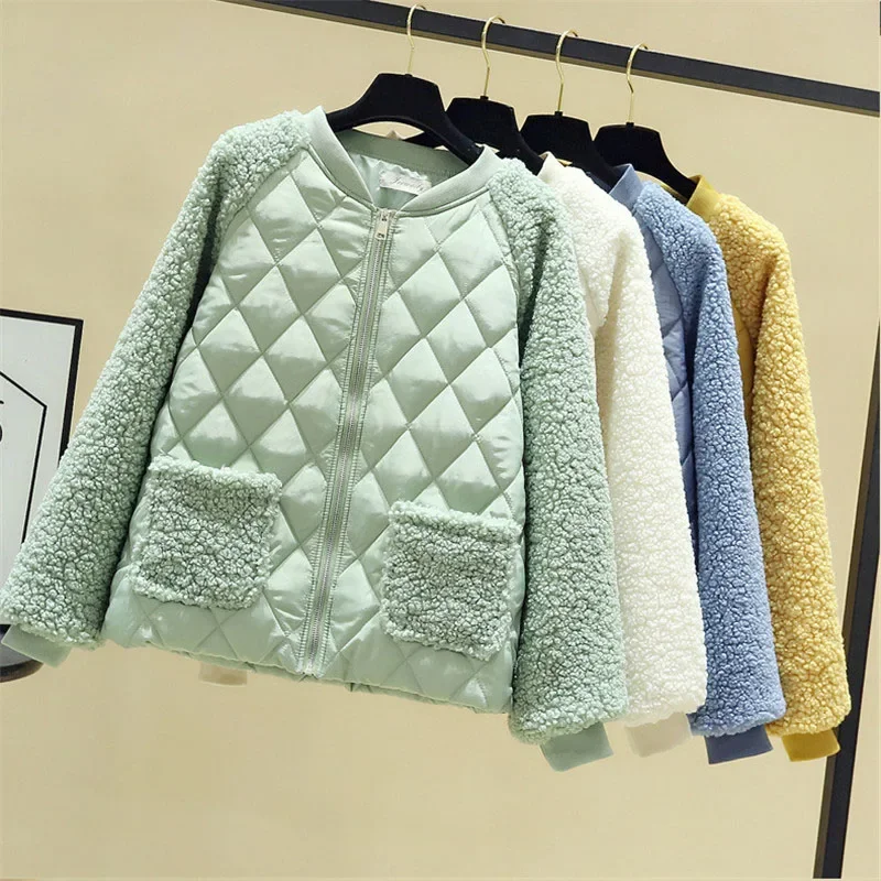 2024 Short Cotton Jacket Women Autumn Winter Lambswool Splice Parka Plus Size Loose Warm Outerwear Female Cotton Jackets Parkas