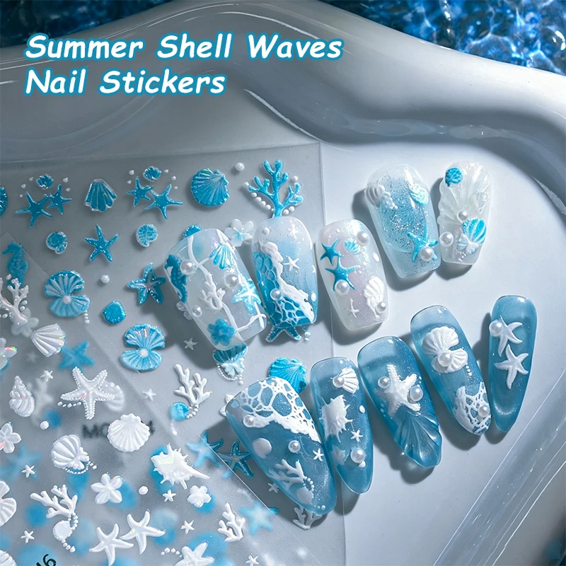 1pc Summer Shell Wave Starfish Nail Stickers Cute Conch Lemon Decorative Stickers DIY Relief Self Adhesive Summer Nail Decals_voghion.com