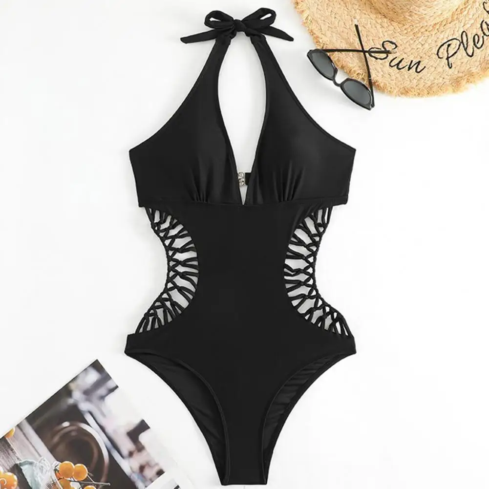 One Piece Swimsuit Women's Laced Sexy Halter Neck Swimwear Monokini Female Bathing Suit Cutout Bodysuit Bikini Swimming Wear