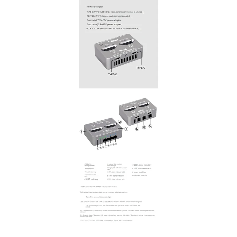 M.2 NVME SSD 클론 듀얼 베이 Nvme 도킹 스테이션, M2 SSD 및 M 키 SSD용 C 타입 외장 하드 디스크 박스, USB3.2 Gen2